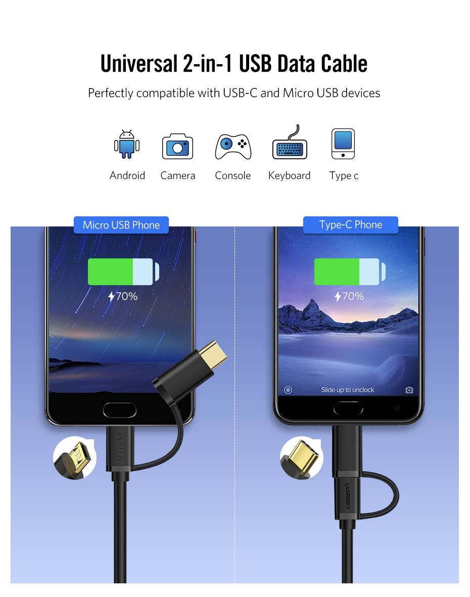 2 In 1 Micro USB And Type-C Charging Cable