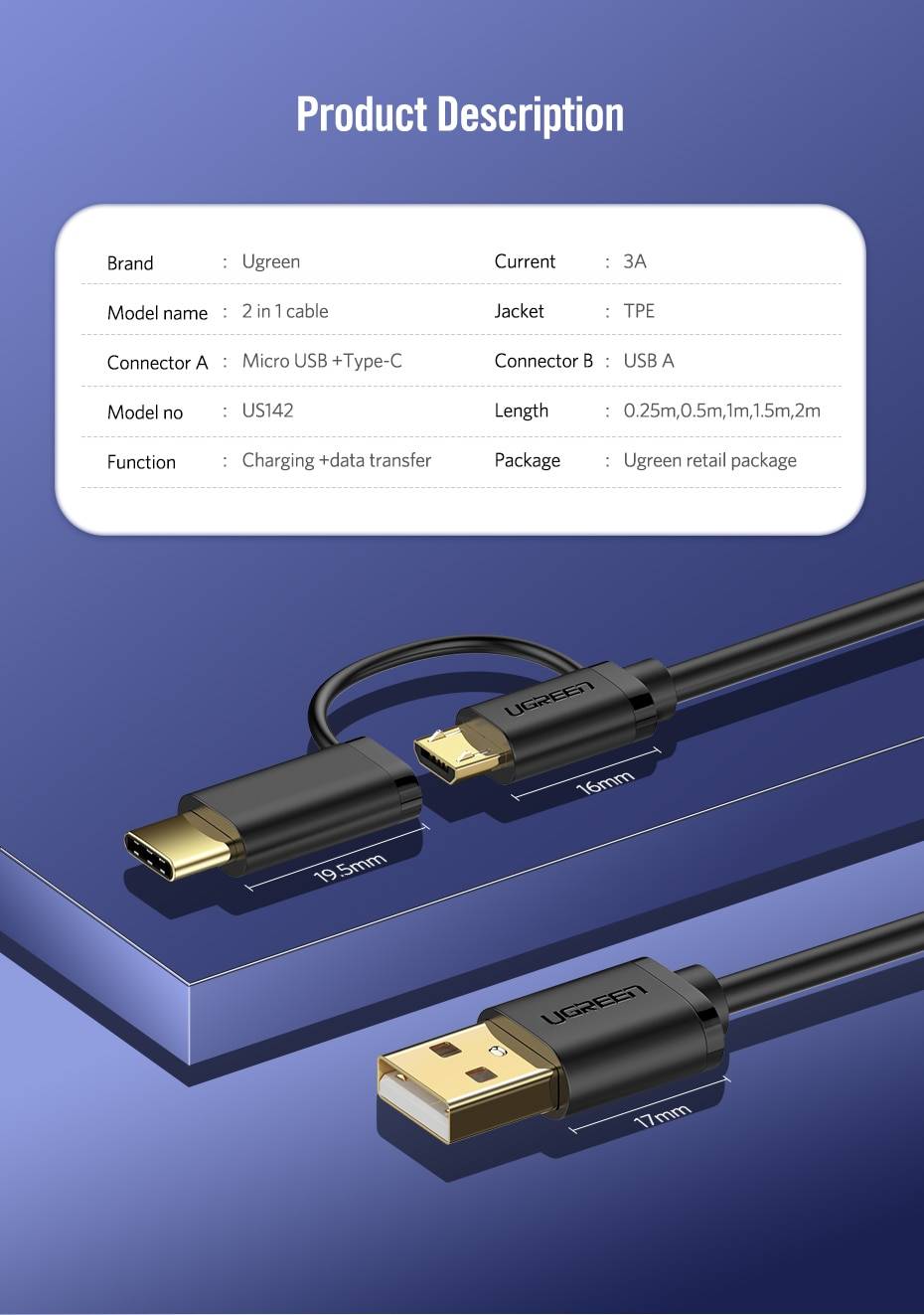 2 In 1 Micro USB And Type-C Charging Cable